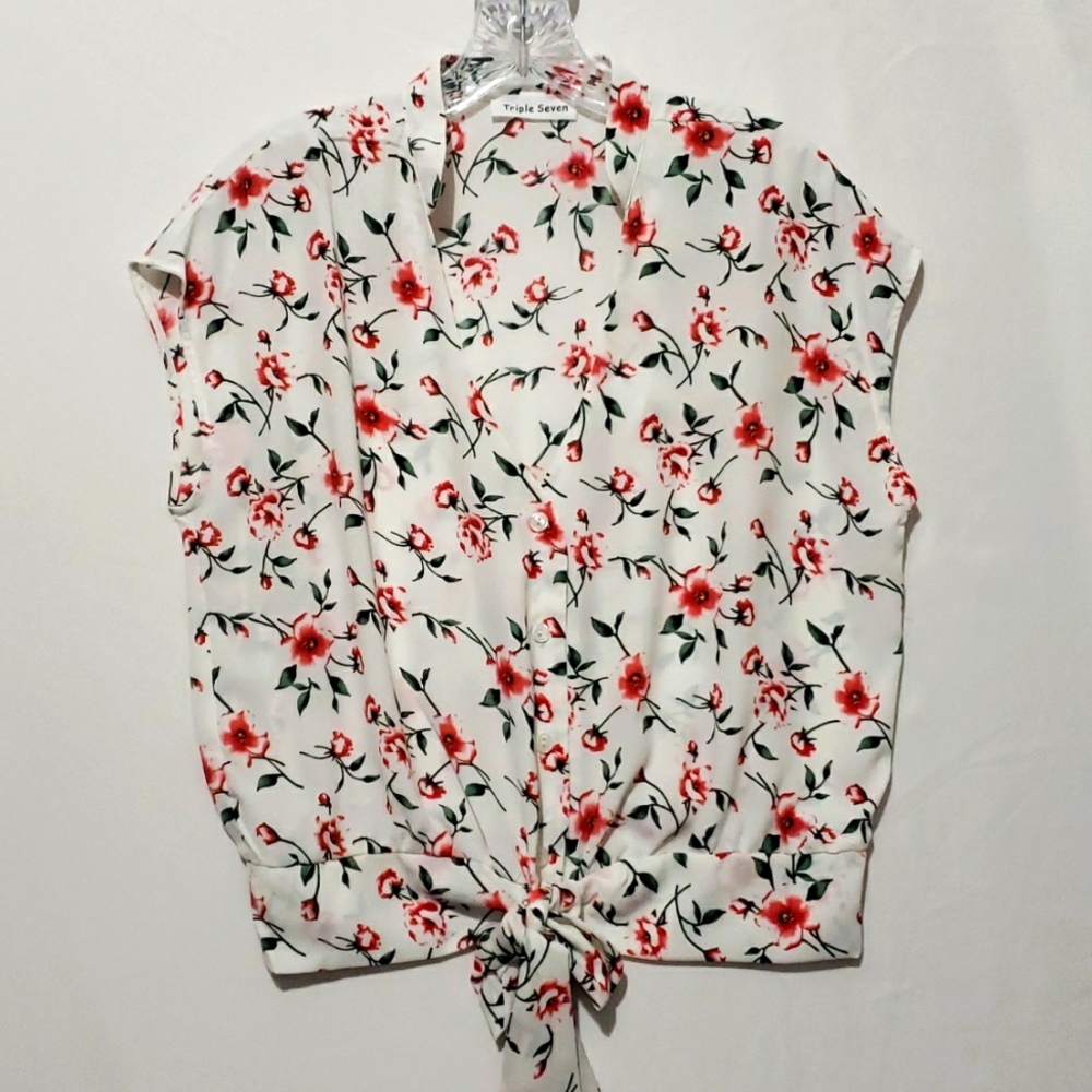 NWT V-neck Floral Button Front Tie Waist  White Red Pink  Top Size L